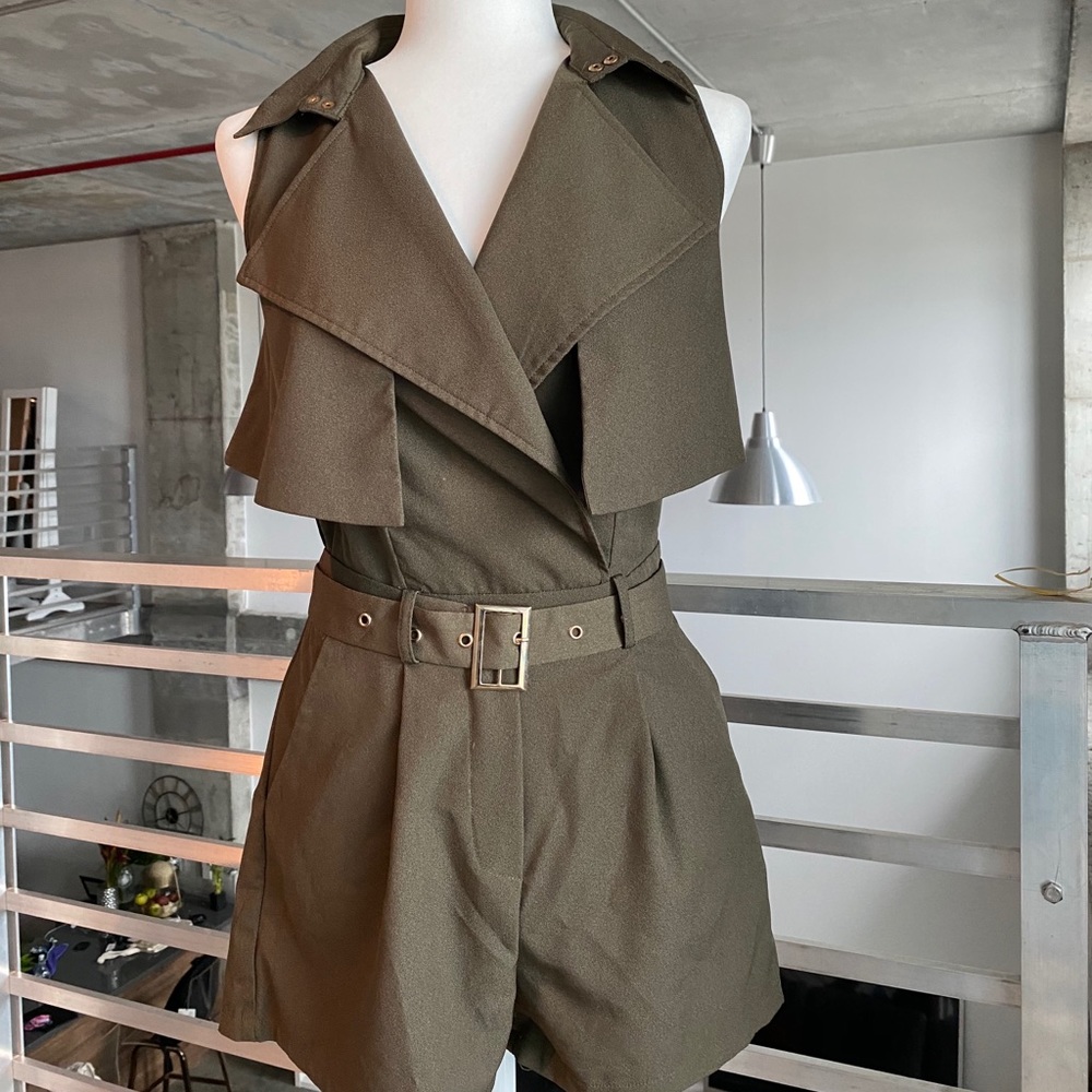 Olive Romper with gold accent belt